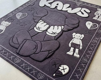 Alfombra de lana tejida a mano inspirada en KAWS, alfombra abstracta morada y negra, decoración de lujo Hypebeast.