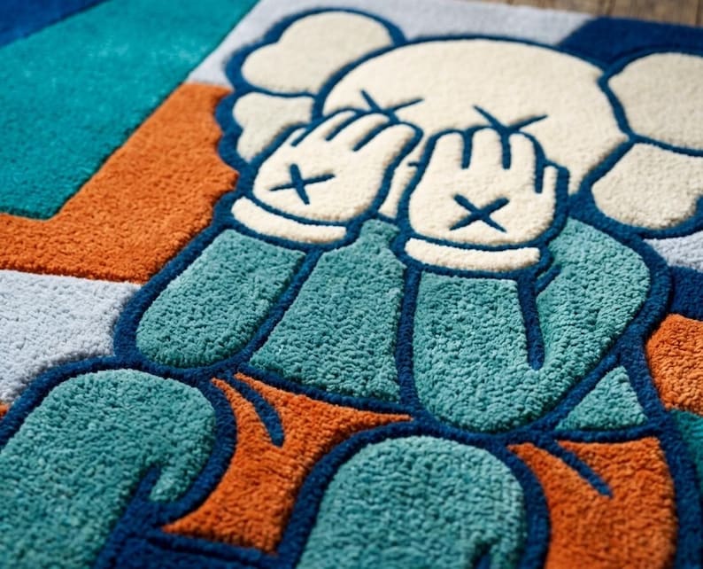 Orange KAWS-inspirerad handtuftad ullmatta, popkonst abstrakt matta, Hypebeast Decor bild 1
