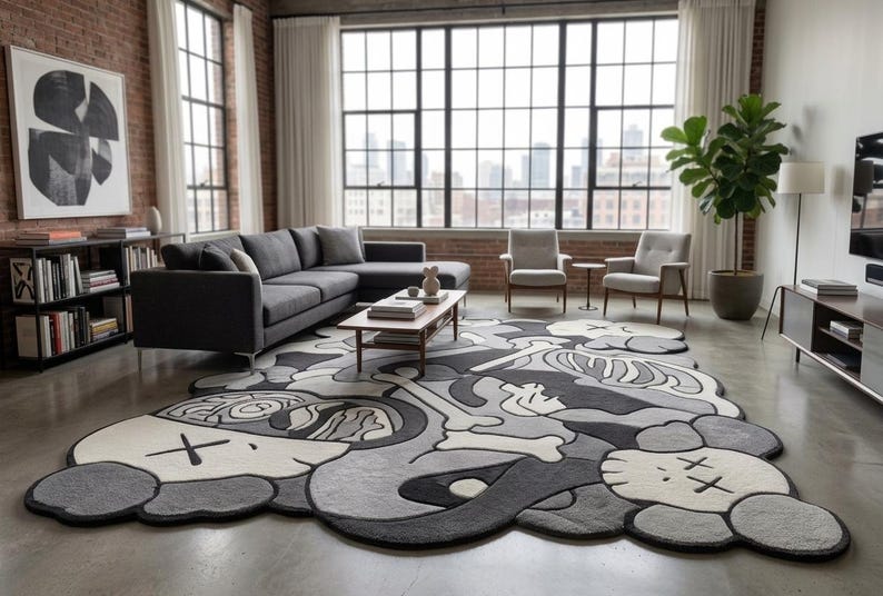 May include: A large, irregularly shaped area rug featuring a monochromatic graphic design in shades of black, grey, and white. The pattern includes stylised cartoon-like character heads with X-shaped eyes, skeletal bone motifs, and abstract shapes.