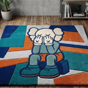 Orange KAWS-inspirerad handtuftad ullmatta, popkonst abstrakt matta, Hypebeast Decor bild 3