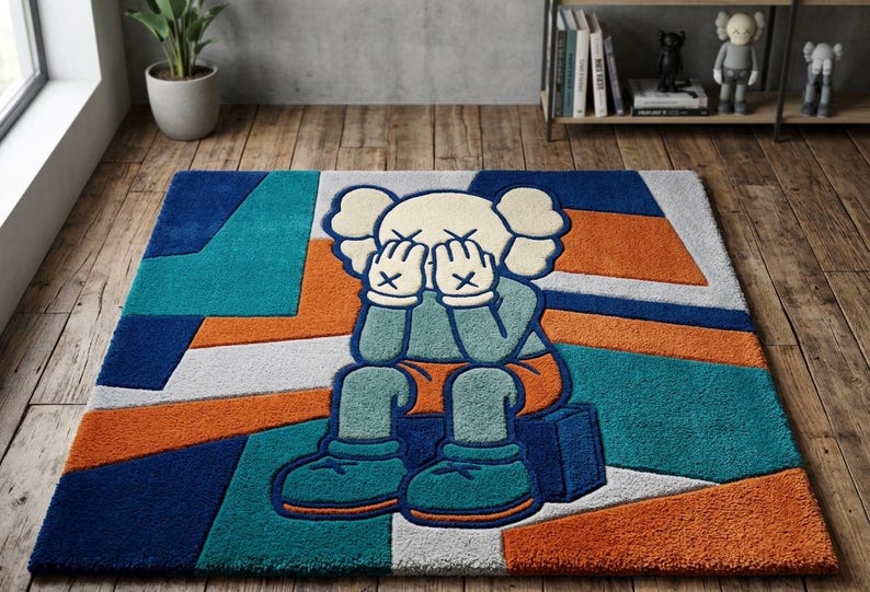 Orange KAWS-inspirerad handtuftad ullmatta, popkonst abstrakt matta, Hypebeast Decor bild 3