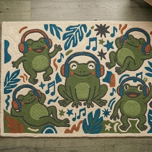 8x10 Chilling Frogs Hand Tufted Rug , Playroom Rug for Kids, Frog wearing Headphone Carpets