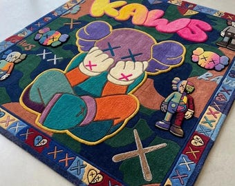 KAWS Inspired Hand Tufted Wool Rug, Abstract Purple Black Area Rug, Luxury Hypebeast Decor