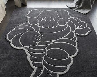 Black KAWS Inspired Hand Tufted Rug, Pop Art Rug ,Abstract Grey Carpet for kids