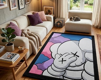 Alfombra morada tejida a mano de 8x10 inspirada en KAWS, alfombra abstracta negra, decoración Hypebeast de lujo