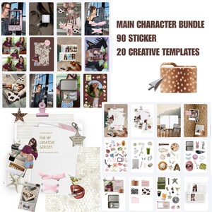 Könnte beinhalten: Eine Collage von Bildern mit einer Vielzahl von Aufklebern, Vorlagen und Accessoires. Der Text "MAIN CHARACTER BUNDLE" und "FOR MY CREATIVE GIRLIES" ist sichtbar. Die Bilder umfassen eine Vielzahl von Themen und Stilen, darunter Mode, Schönheit und Reisen.