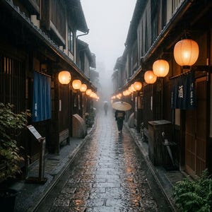 以下が含まれることがあります： 雨の日の日本の伝統的な路地。石畳の通りは湿っていて、木造の建物が両側にあり、提灯が照らされています。傘を持った人が通りを歩いており、奥行きと雰囲気を作り出しています。