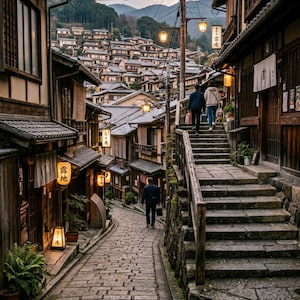 以下が含まれることがあります： 伝統的な日本の村の石畳の通り。木造の建物が並び、提灯が灯っている。人々は石段を上り、通りを歩いている。背景には山々が広がる。