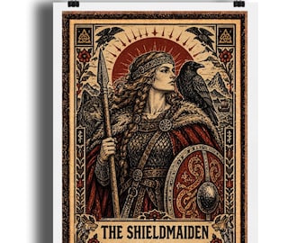 Shield Maiden Art Print, Traditional Tattoo Viking Woman, Nordic Warrior Wall Art