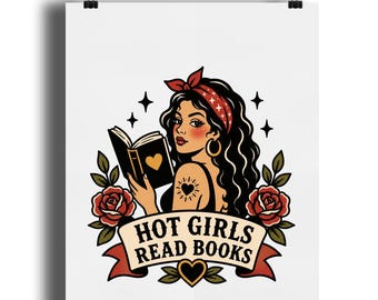 Traditional Tattoo Flash Art Print, Hot Girls Read Books, Bookish Wall Decor