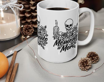 Memento Mori Skeleton with Roses Mug | Ceramic Coffee Cup