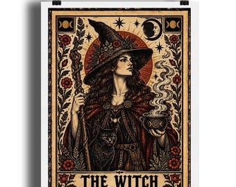 Traditional Tattoo Witch Art Print, Gothic Halloween Decor, Vintage Linework Illustration