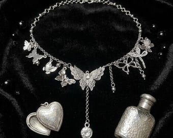 Filigree Butterfly Choker Necklace: Antique Silver Alloy, Zircon Drop, Fairycore Gothic Jewelry