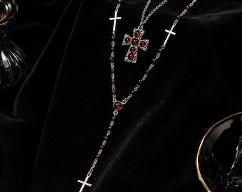 Collar gótico con cruz de cuentas rojas, colgante en forma de Y inspirado en un rosario de capas, joyería romántica oscura.