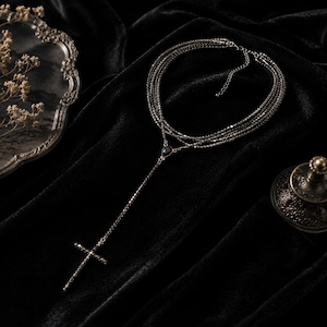 Black Layered Cross Necklace, Gothic Rosary Style Choker, Dark Academia Statement Jewelry