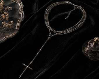 Black Layered Cross Necklace, Gothic Rosary Style Choker, Dark Academia Statement Jewelry