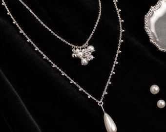 Conjunto de collar de perlas en capas, gargantilla de acero de titanio, colgante en forma de lágrima en tono plateado, joyería gótica coqueta