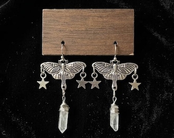 Pendientes de cristal Luna Moth, colgantes de estrella celestial plateada, joyería gótica de estilo brujo