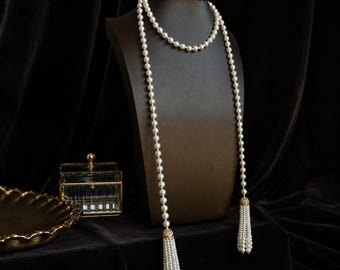 Faux Pearl Tassel Lariat Necklace, Vintage Inspired Gold Tone Statement Jewelry