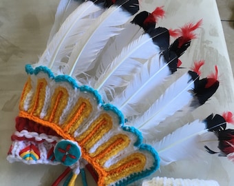 Tribal inspired Headdress and hat and cocoon outfit in floral colors, perfect newborn photo prop.