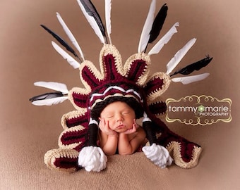 Tribal inspired Headdress /Seminole Florida State University   / Thanksgiving Indian hat, perfect newborn photo prop.