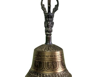 Metal Hand Tibetan Bell Dorje Vajra Pestle Buddhist Altar Bell Spiritual Zen Yoga Decor (8")