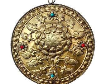 Tibetan Nepal Wall Hanging Metal Chakra Luck Brass Buddhist Meditation Spiritual Hanging Decor (10")