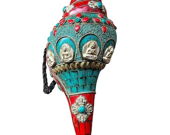 Tibetan Blowing Shankh Conch Shell Trumpet Horn Statue Turquoise Tile Home Decor Shell (6")