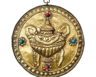 Buddhist Nepal Tibetan Wall Hanging Brass Metal Altar Buddha Wall Art Yoga Decor (10")