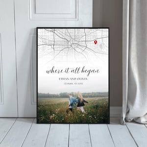 Mapa personalizado "Donde todo comenzó" con foto / Arte mural con coordenadas personalizadas / Regalo de aniversario / Regalo de compromiso / Descarga digital