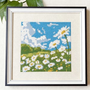 May include: A framed cross-stitch picture showing a meadow scene. The artwork features a blue sky with white clouds, a green field with white daisies, and a black frame with a white mount.