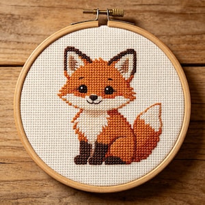 May include: A cross-stitch embroidery of a cartoon fox in a wooden hoop. The fox is orange, white, and brown, with a smiling face. The background is a cream-coloured fabric with a grid pattern. The wooden hoop has a brass screw.