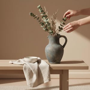 May include: A textured, grey-blue ceramic jug with a handle contains greenery and dried grasses. A small white bowl rests on a beige linen cloth, on a light wood table. Hands are arranging the greenery.