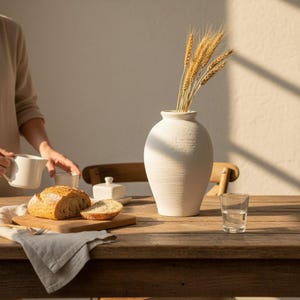 Könnte beinhalten: Eine matte, weiße Keramikvase mit gerippter, horizontaler Textur enthält ein Bündel getrockneter goldener Weizenhalme. Die Vase steht auf einem Holztisch neben einem Laib geschnittenem Brot auf einem Holzbrett, einem kleinen weißen Krug und einem Wasserglas.