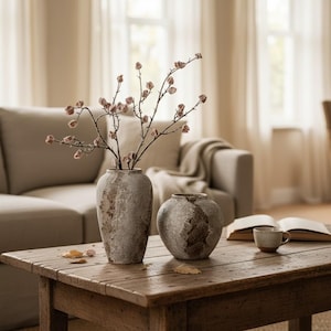 May include: Two textured, stone-coloured ceramic vases with a weathered finish. The taller vase holds a branch with small, dried pinkish-brown buds. A small, matching ceramic mug sits next to an open book on a rustic wooden table surface.