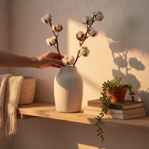 May include: A matte white ceramic vase containing several dried cotton stems with fluffy white bolls. The vase is positioned on a wooden shelf next to a small terracotta pot with a trailing green succulent plant resting on a stack of two books.