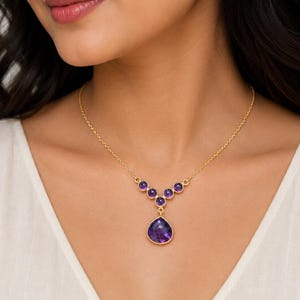 18K Gold Amethyst Necklace, Natural Amethyst Teardrop Choker Necklace