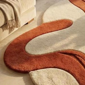 Hand Tufted Irregular Rug, Modern Abstract Wavy Area Rug, Burnt Orange & Cream Decor, Unique Mid Century Modern Floor Carpet for Living Room