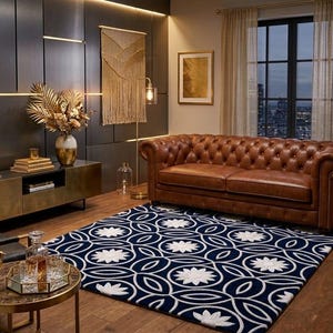 May include: A living room featuring a brown leather tufted sofa, a dark blue and white floral patterned area rug, a brass-toned metal console table, a round marble-topped side table, and a gold-framed floor mirror against a dark panelled wall.