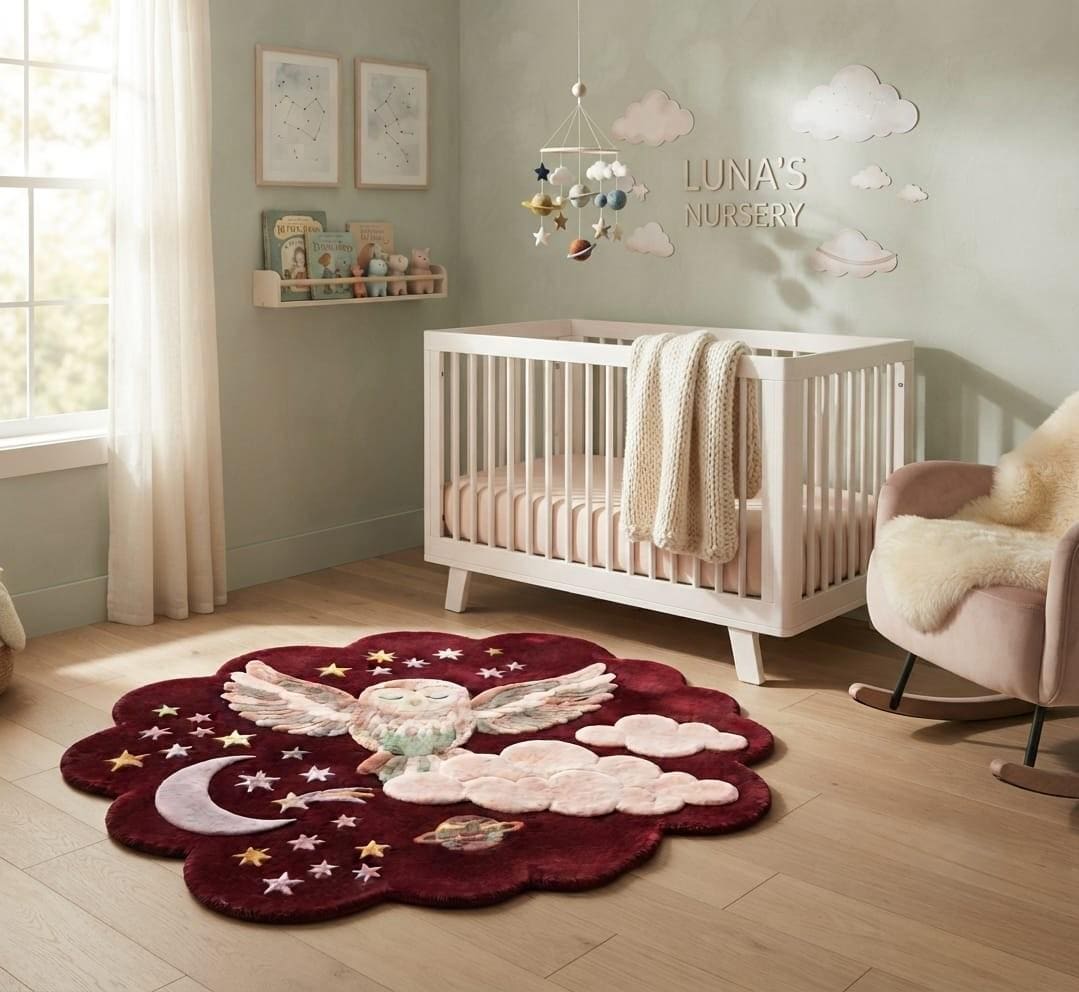 Luxury Hand Tufted Owl Nursery Rug, Moon & Stars Kids Area Rug, Cute Woodland Owl Carpet,Custom 