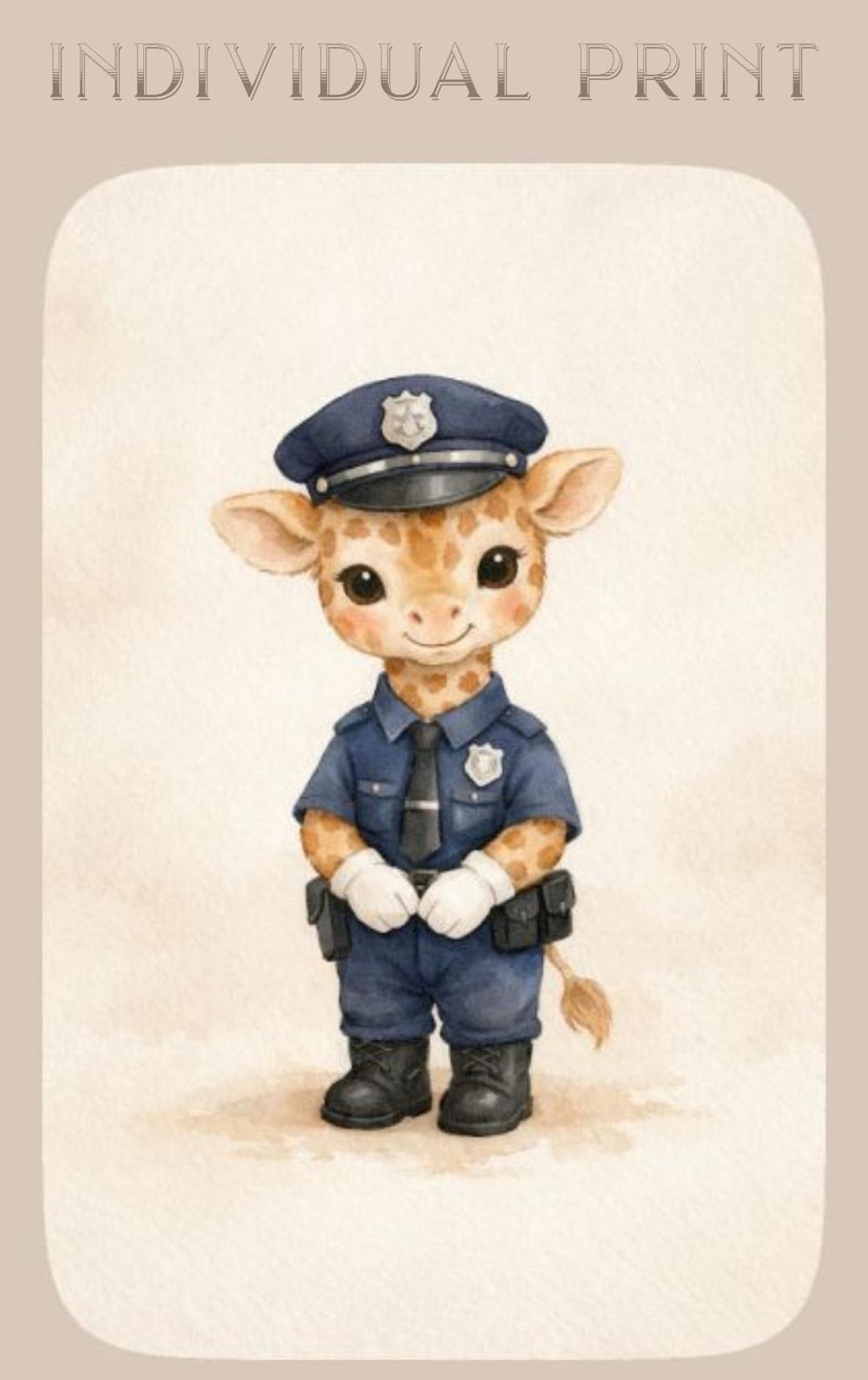 Watercolor Giraffe Police Officer Nursery Print, Baby Animal Cop Art ...