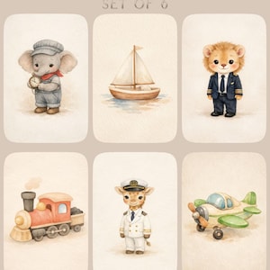 Transportation Nursery Wall Art Set of 6, Train Airplane Boat Baby Animal Prints, Pilot Captain Engineer Nursery Decor Kids Room
