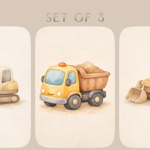 Könnte beinhalten: Aquarellillustration von drei Spielzeug-Baumaschinen: einem Bagger, einem Muldenkipper mit Sand und einem Bulldozer. Die Fahrzeuge sind gelb, beige und braun, vor einem neutralen Hintergrund. Der Text "SET OF 3" steht oben.