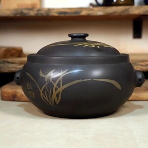 Handcrafted Jianshui Clay Steam Pot | Black Matte Orchid Inlay Slow Cooker