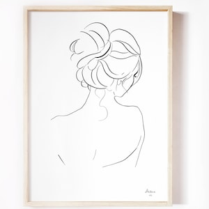 Bathroom Woman Line Art Print, Pretty Woman in Bathrobe, Hair Up Do, Messy Bun, Elegant Chignon Hair, Bathroom Decor