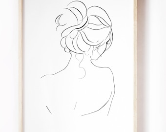 Bathroom Woman Line Art Print, Pretty Woman in Bathrobe, Hair Up Do, Messy Bun, Elegant Chignon Hair, Bathroom Decor