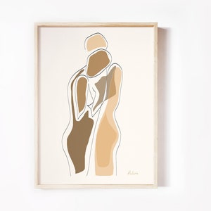 Dankbarkeit, Umarmungsdruck des Paares | Mixed Rasses Paar Kunst | Abstrakt Line Art| Liebe Print | Neutrale, Beige, Romantische Wandkunst
