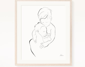 Big Brother Little Brother Line Art Print, Brothers gift, Family Wall Art, Mothers Day, Gift for Mom, Sibling Poster, Bathroom