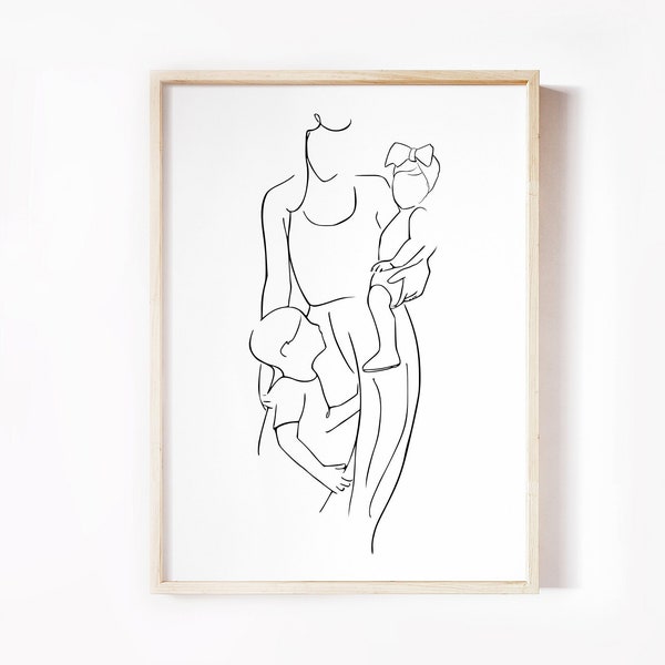 Mother and Children Wall Art Print, Mom Boy and Girl Line Drawing, Cozy Home Decor Pregnancy Gift, Baby Shower,Abstract Line Art, Hygge