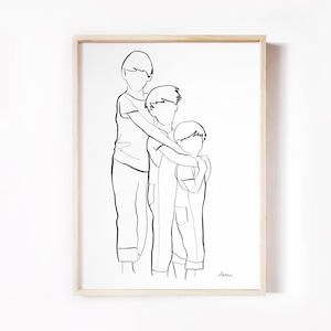 Tres hermanos, impresión de madre de niños, dibujo lineal de mamá e hijos, tres niños, decoración del hogar, regalo para mamá, arte de pared de paisaje,